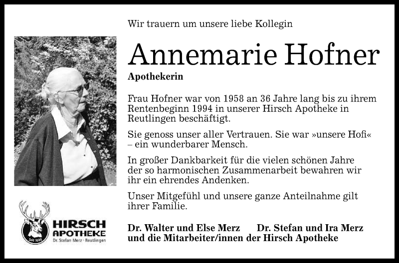  Traueranzeige für Annemarie Hofner vom 08.04.2017 aus Reutlinger General-Anzeiger