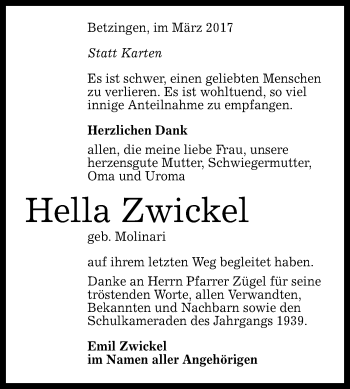Anzeige von Hella Zwickel von Reutlinger General-Anzeiger