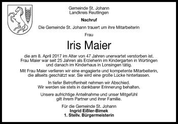 Anzeige von Iris Maier von Reutlinger General-Anzeiger