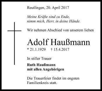 Anzeige von Adolf Haußmann von Reutlinger General-Anzeiger