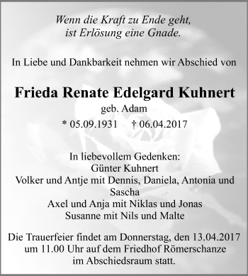 Anzeige von Frieda Renate Edelgard Kuhnert von Reutlinger General-Anzeiger