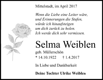 Anzeige von Selma Weiblen von Reutlinger General-Anzeiger