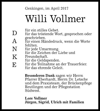 Anzeige von Willi Vollmer von Reutlinger General-Anzeiger