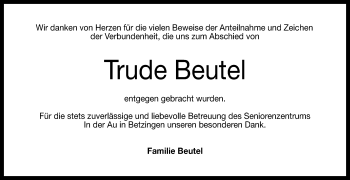 Anzeige von Trude Beutel von Reutlinger General-Anzeiger