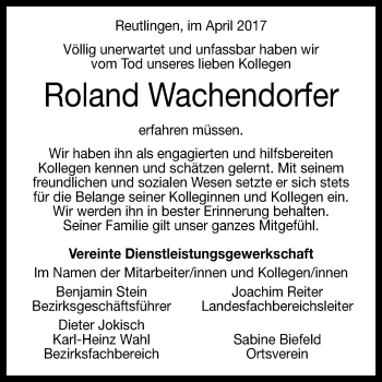 Anzeige von Roland Wachendorfer von Reutlinger General-Anzeiger