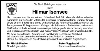 Anzeige von Hilmar Isensee von Reutlinger General-Anzeiger