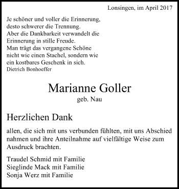 Anzeige von Marianne Goller von Reutlinger General-Anzeiger