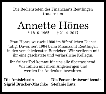 Anzeige von Annette Hönes von Reutlinger General-Anzeiger