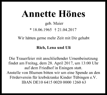 Anzeige von Annette Hönes von Reutlinger General-Anzeiger