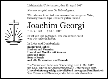 Anzeige von Joachim Georgi von Reutlinger General-Anzeiger