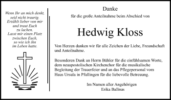 Anzeige von Hedwig Kloss von Reutlinger General-Anzeiger