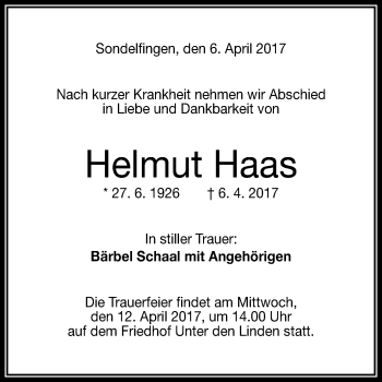 Anzeige von Helmut Haas von Reutlinger General-Anzeiger
