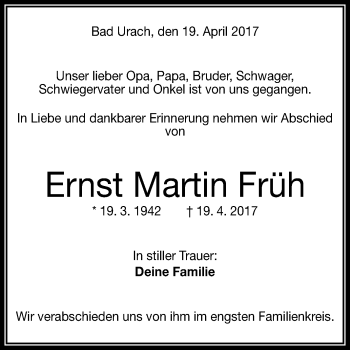 Anzeige von Ernst Martin Früh von Reutlinger General-Anzeiger