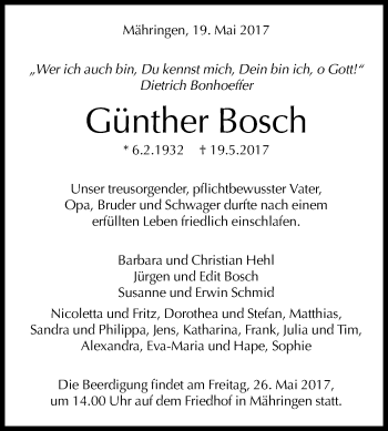 Anzeige von Günther Bosch von Reutlinger General-Anzeiger
