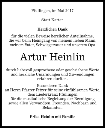Anzeige von Artur Heinlin von Reutlinger General-Anzeiger