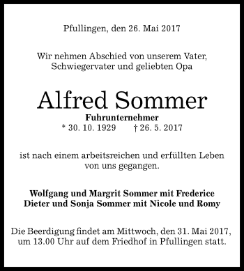 Anzeige von Alfred Sommer von Reutlinger General-Anzeiger
