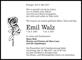 Anzeige von Emil Walz von Reutlinger General-Anzeiger