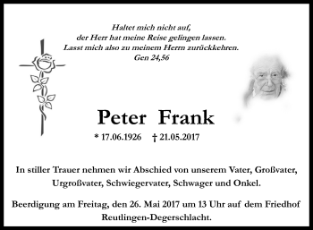 Anzeige von Peter Frank von Reutlinger General-Anzeiger