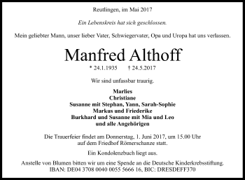 Anzeige von Manfred Althoff von Reutlinger General-Anzeiger