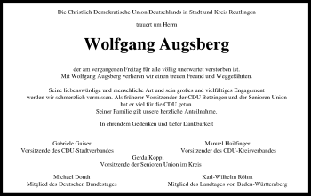 Anzeige von Wolfgang Augsberg von Reutlinger General-Anzeiger