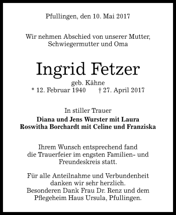 Anzeige von Ingrid Fetzer von Reutlinger General-Anzeiger