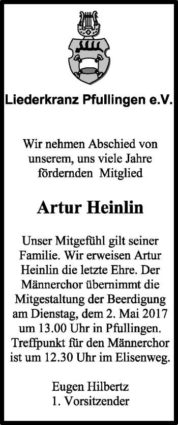 Anzeige von Artur Heinlin von Reutlinger General-Anzeiger