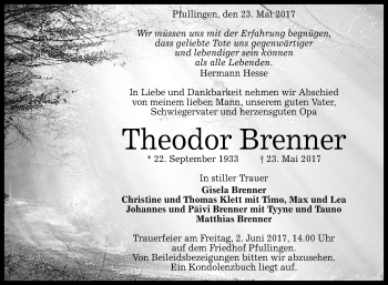Anzeige von Theodor Brenner von Reutlinger General-Anzeiger