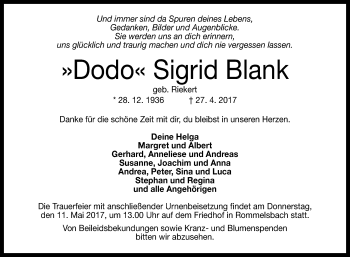 Anzeige von Dodo Sigrid Blank von Reutlinger General-Anzeiger