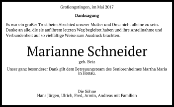 Anzeige von Marianne Schneider von Reutlinger General-Anzeiger