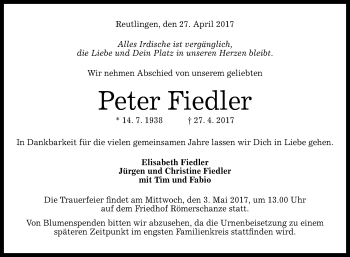 Anzeige von Peter Fiedler von Reutlinger General-Anzeiger