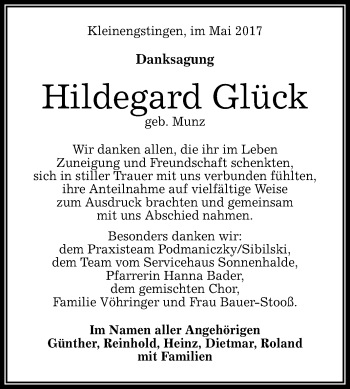 Anzeige von Hildegard Glück von Reutlinger General-Anzeiger