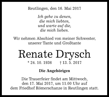 Anzeige von Renate Drysch von Reutlinger General-Anzeiger