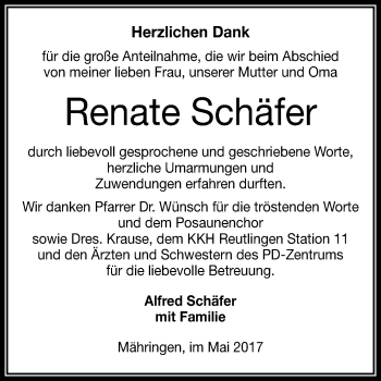 Anzeige von Renate Schäfer von Reutlinger General-Anzeiger