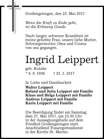 Anzeige von Ingrid Leippert von Reutlinger General-Anzeiger