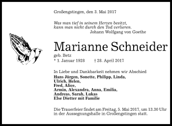 Anzeige von Marianne Schneider von Reutlinger General-Anzeiger
