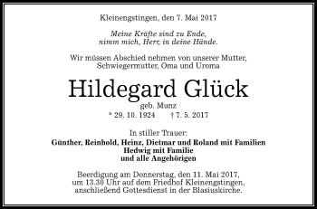 Anzeige von Hildegard Glück von Reutlinger General-Anzeiger
