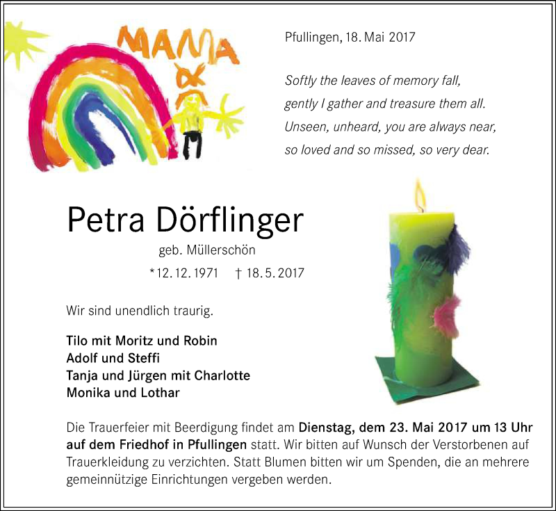  Traueranzeige für Petra Dörflinger vom 20.05.2017 aus Reutlinger General-Anzeiger