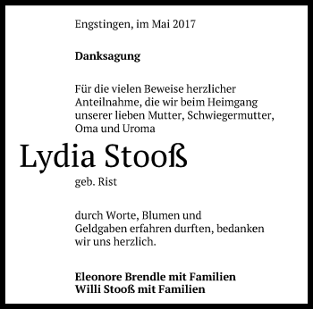 Anzeige von Lydia Stooß von Reutlinger General-Anzeiger