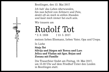 Anzeige von Rudolf Tot von Reutlinger General-Anzeiger