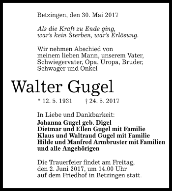 Anzeige von Walter Gugel von Reutlinger General-Anzeiger