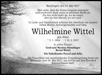 Anzeige von Wilhelmine Wittel von Reutlinger General-Anzeiger