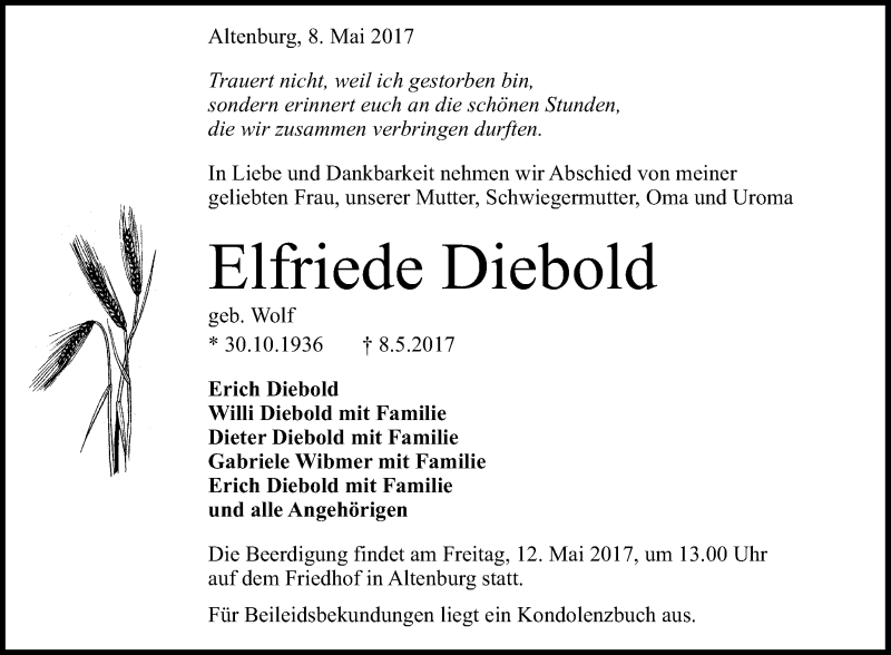  Traueranzeige für Elfriede Diebold vom 10.05.2017 aus Reutlinger General-Anzeiger