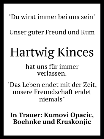 Anzeige von Hartwig Kinces von Reutlinger General-Anzeiger