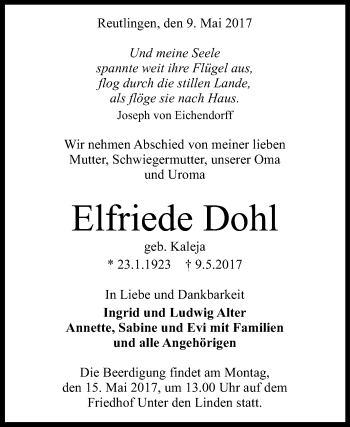Anzeige von Elfriede Dohl von Reutlinger General-Anzeiger