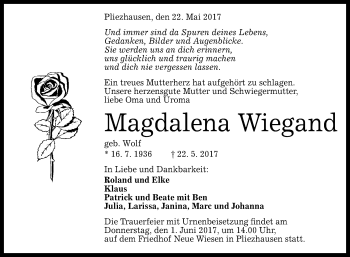 Anzeige von Magdalena Wiegand von Reutlinger General-Anzeiger