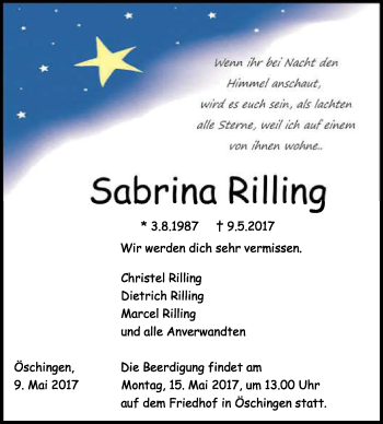 Anzeige von Sabrina Rilling von Reutlinger General-Anzeiger