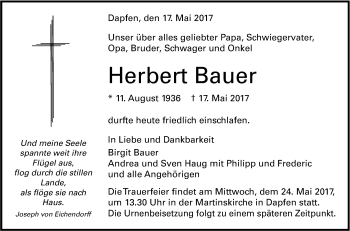 Anzeige von Herbert Bauer von Reutlinger General-Anzeiger