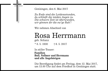 Anzeige von Rosa Herrmann von Reutlinger General-Anzeiger