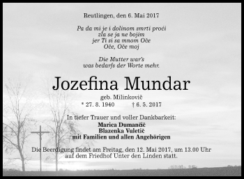 Anzeige von Jozefina Mundar von Reutlinger General-Anzeiger