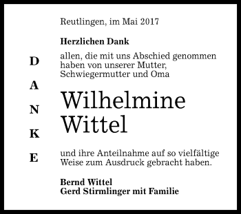 Anzeige von Wilhelmine Wittel von Reutlinger General-Anzeiger